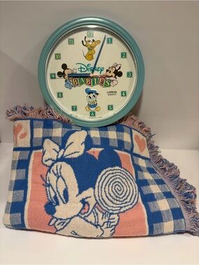 Disney Babies VINTAGE Blue Teal Pink Throw Blanket & Clock Daisy Minnie Pluto